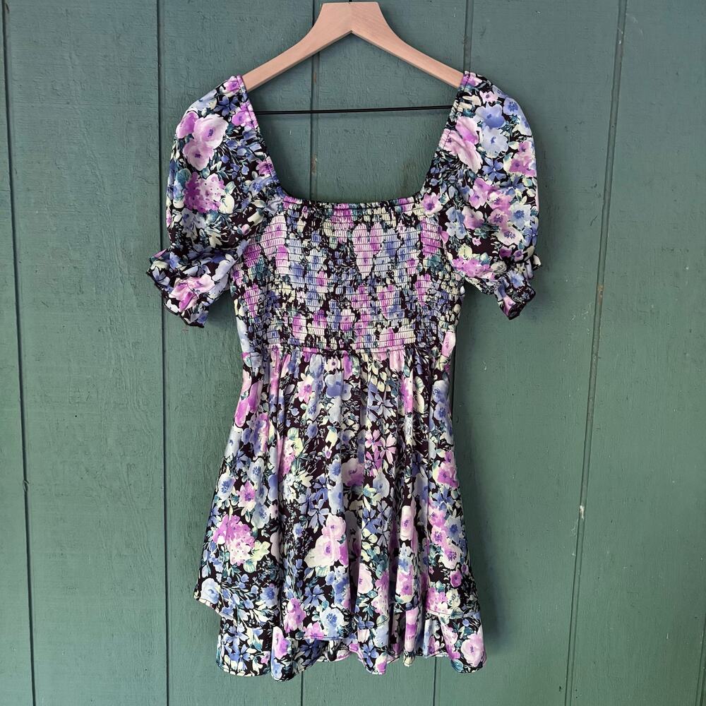Coquette Corset Floral Puff Sleeve Tiered Mini Dress Sz S Romantic Cottagecore - Picture 4 of 7
